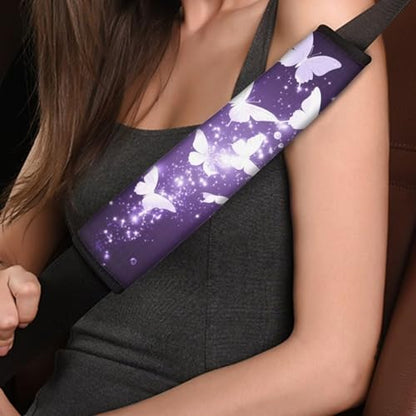 Dolyues Purple Auto Seat Belt Cover with Adjustable Shoulder Strap Pads, Butterfly Print Comfort Soft Seatbelt Cushion for Adult Women Men 2 Pack Full Sets Car Accessories - color: Butterfly Print