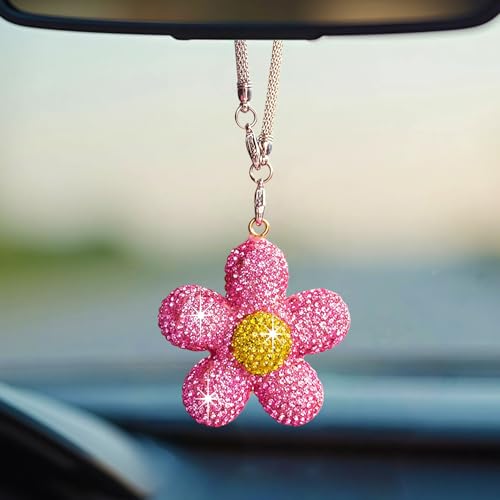 Bling Daisy Flower Car Hanging Ornament for Women, Cute Crystal Rear View Mirror Pendant Charms Sparkly Diamond Aesthetic Automotive Interior Decor Accessories (Pink) - color: Pink
