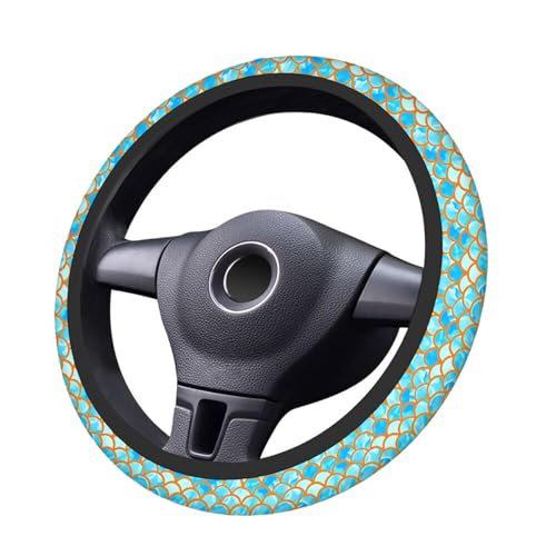 Swono Automotive Steering Wheel Covers Mermaid Scales Watercolor Blue and Gold Fish Scales Neoprene Car Wrap Cover Stretch-On Fabric Breathable Universal 15 Inch for Women Men - color: multi-065