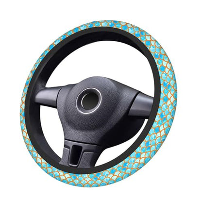 Swono Automotive Steering Wheel Covers Mermaid Scales Watercolor Blue and Gold Fish Scales Neoprene Car Wrap Cover Stretch-On Fabric Breathable Universal 15 Inch for Women Men - color: multi-065