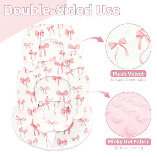 Infant Car Seat Insert Cushion, Baby Car Seat Head Body Support for Girls & Boys, Reversible Newborn Car Seat Insert with 2 Extra Strap Paddings, Premature Car Seat Cushion, Pink Bow