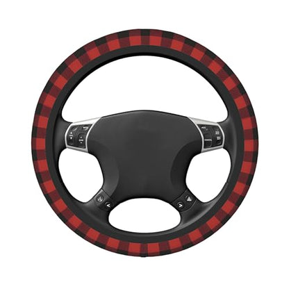 Red Buffalo Plaid Steering Wheel Cover for Men Women Auto Accessories Universal 15 Inch Anti-Slip Breathable Car Wheel Protector Covers - color: Rustic Red Black Buffalo Check Plaid Pattern