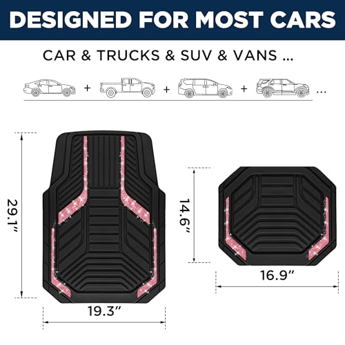 PIC AUTO Car Floor Mats, Hot Pink Sparkly Crystal Bling Glitter Car Mats Set, Front and Rear Heavy Duty Rubber Car Mats with Anti-Slip Backing, All Weather, Trim-to-Fit for SUVs, Trucks, Sedan, Vans - color: Hot Pink Glitter