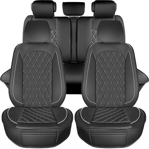 LINGVIDO Car Seat Covers Full Set (5 Seats) - Premium Perforated Nappa Leather, Waterproof Shield, Omni-Adapt Fit SUVs Sedans, Ultimate Family & Pet Protection - color: Black & Gray Line, size: Full Set (5 Seats)