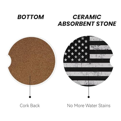 Black White American Flag Absorbent Ceramic Car Coasters for Cup Holders, 2.56" Anti Slip Insert Cup Coasters for Women Men (2 PCS) - color: Black White American Flag