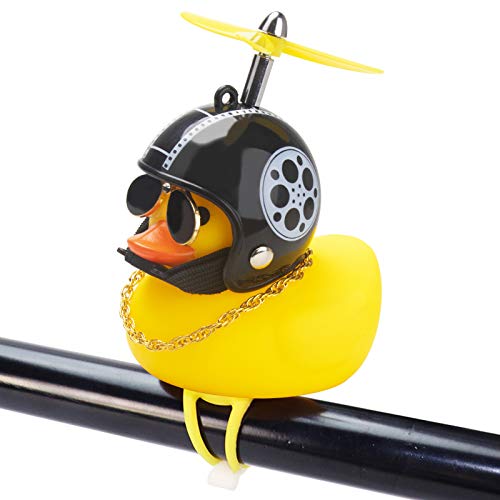 wonuu Rubber Duck Toy Car Ornaments Yellow Duck Car Dashboard Decorations Squeeze Duck Bicycle Horns with Propeller Helmet - color: Retro Movie-Light