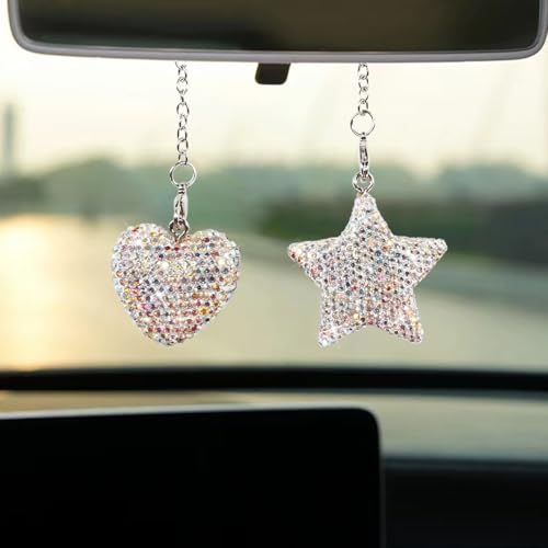 Bling Star Heart Diamond Car Accessories, Car Rear View Mirror Charm, Car Lucky Hanging Interior Ornament, Crystals Pendant Decoration for Women Present (Colorful) - color: Colorful