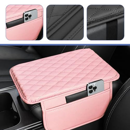 Car Center Console Cover, Upgrade Soft Skin-friendly Leather Arm Rest Cover for Car, Universal Anti-slip Scratch-resistant Armrest Mat with Side Storage Bags, for Trucks, Cars, SUVs (Pink) - color: Pink