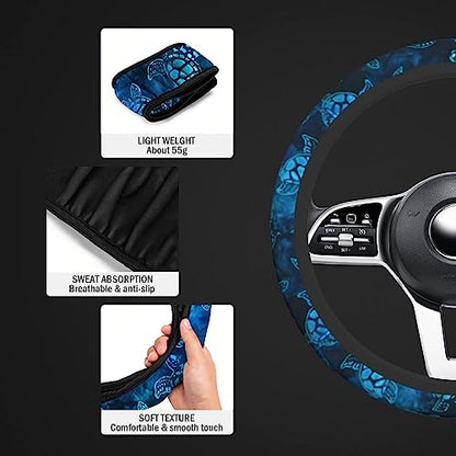 Watercolor Blue Sea Turtle Car Steering Wheel Cover Universal Fit 15 inch, Sweat Absorption Anti-Slip Breathable Neoprene Steering Wheel Protector for Women