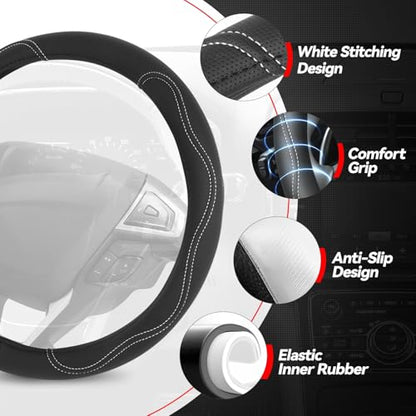Auto Dynasty Steering Wheel Cover, Breathable Microfiber Leather Car Steering Wheel Protector with Stylish White Wavy Stitch, Anti-Slip, [14 1/2 to 15 Inches] Universal Fit Cars Trucks SUVs - color: Stitched White B