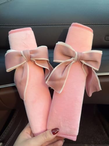 2pcs Cute Bow Tie Soft Plush Protector Shoulder Pad Styling Car Accessories Pink Princess Bow Decor Car Seat Belt Cover Gift for Sister's mom Teacher