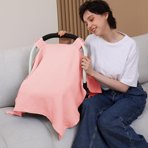 100% Muslin Cotton Car Seat Cover Baby, Carseat Canopy Cover, Universal Fit Stroller Covers for Boys and Girls (Pink) - color: pink