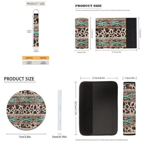 17 Pcs Aztec Cow Print Car Seat Covers Full Set with Floor Mats Steering Wheel Cover Shoulder Pads Armrest Pad Keychain Roof Gloves Cup Coaster Universal - color: Aztec Cow Print