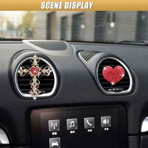2PCS Bling Cross & Heart Car Dashboard Air Vent Trim Clip, Sparkly Rhinestone Car Air Vent Clips, Diamond Auto Diffuser Charm Clip, Auto Interior Decoration Accessory for Women Girls (Red) - size: Red