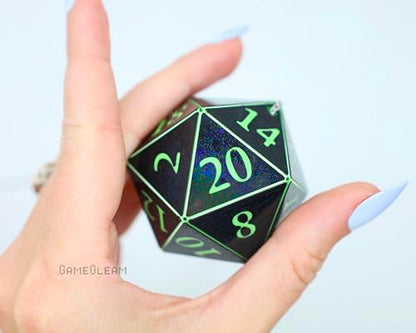 Pair of D20 Car Mirror Dice [2" Black and Green Holographic - "Alien Invasion"] - Handmade hanging car charm rear view mirror danglers - A magical and decorative gift for him or her - GameGleam