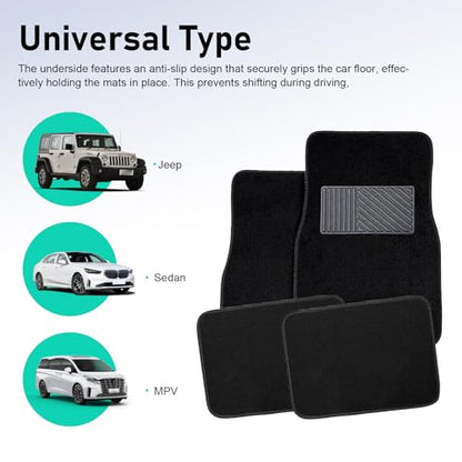4 PCS Car Carpet Floor Mats, PVC Anti-slip Base Carpet fot Front & Rear, Breathable Flame-retardant Floor Liner for All-weather, Interior Accessory for Cars SUVs Trucks (Black)