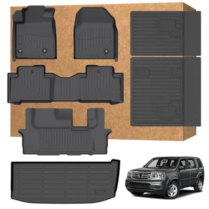 Floor Mats for Honda Pilot 2009-2015 (Fit for 2009-2015 Honda Pilot EX/EX-L/LX/SE/Touring), TPE Waterproof Non-Slip All Weather Protection Custom, Floor Mats & Cargo Liner & Seatback Mat (with Velcro)