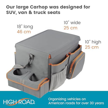 High Road CarHop Front Seat Car Organizer with Car Cup Holder, Passenger Seat Tray and Padded Filing or Cooler Compartment with Side Pocket Storage, Gray - color: Gray