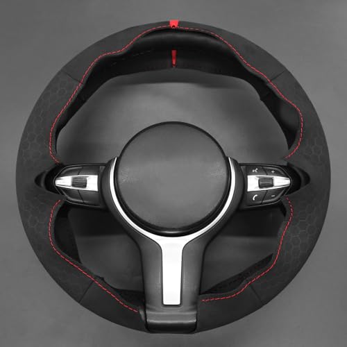 MEWANT Hand-Stitched Steering Wheel Cover for BMW (M Sport) F22 F23 F30 F34 F32 F33 F36 F10 F07 F12 F13 F06 F39 F25 F26 F15 F16, DIY Custom Fit Steering Wheel Wrap for BMW - color: 45:red stripe + red thread