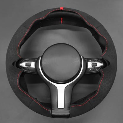 MEWANT Hand-Stitched Steering Wheel Cover for BMW (M Sport) F22 F23 F30 F34 F32 F33 F36 F10 F07 F12 F13 F06 F39 F25 F26 F15 F16, DIY Custom Fit Steering Wheel Wrap for BMW - color: 45:red stripe + red thread