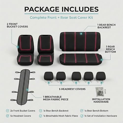 FH Group Car Seat Covers Unique Flat Cloth Full Set Automotive Seat Covers Front Set and Rear Solid Bench Burgundy Black Seat Covers w. Gift Universal Fit Interior Accessories for Cars Trucks and SUVs - color: burgundy