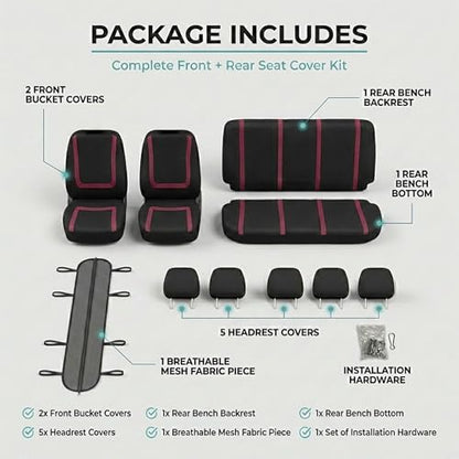 FH Group Car Seat Covers Unique Flat Cloth Full Set Automotive Seat Covers Front Set and Rear Solid Bench Burgundy Black Seat Covers w. Gift Universal Fit Interior Accessories for Cars Trucks and SUVs - color: burgundy