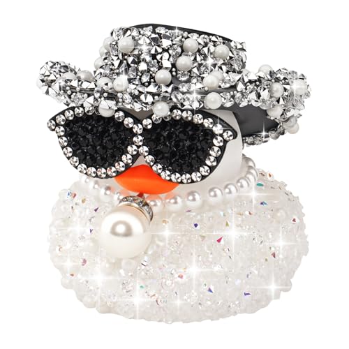 wonuu Pearl Diamond Rubber Duck Car Ornaments Dashboard Decorations for Cute Car Accessories, White - color: White