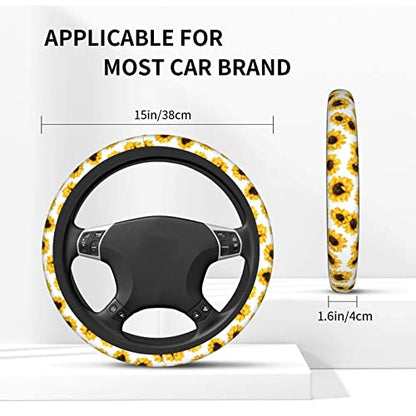 Yellow Sunflower Flower Steering Wheel Cover for Women Men with 2 Pcs Car Coasters, Universal 14.5-15 Inch Rainbow Steering Wheel Covers Non-Slip Car Accessories for Girls - color: sunflower flower