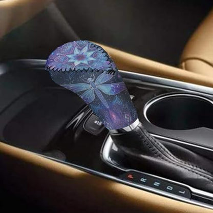 Dragonfly Mandala Flower Printed 2 Piece Car Handbrake and Gear Shift Knob Cover Set, Stretchy Universal Auto Interior Accessories for SUV Truck Vehicle - color: Dragonfly Mandala Flower - Blue and Purple