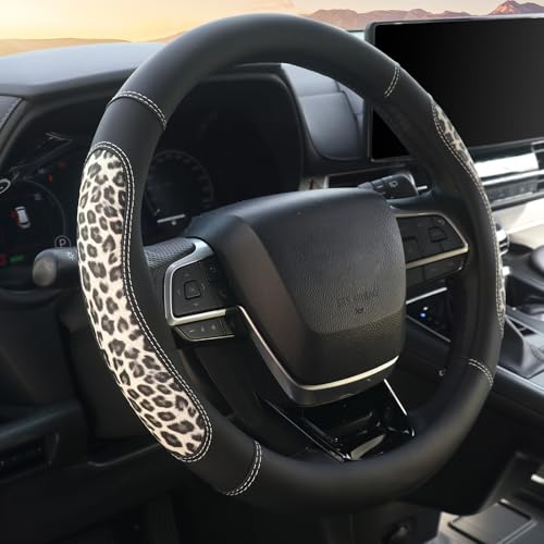 Microfiber Leather Leopard Steering Wheel Cover, Spliced Patchwork Design for Comfort Grip, Universal 15 inch, Breathable Anti-Slip Cheetah Car Accessories, Black - color: Off-White Leopard