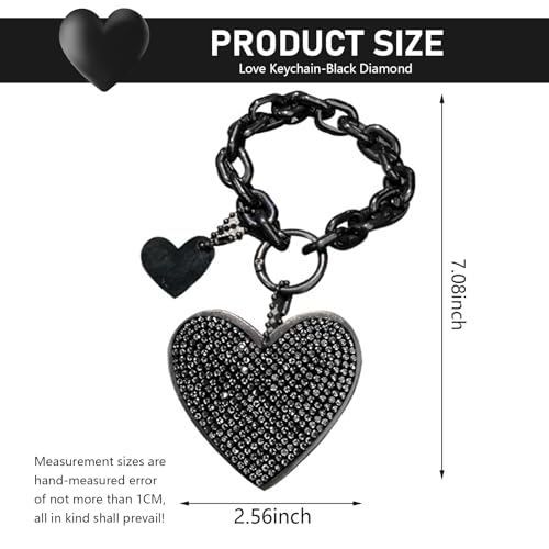 1 PC Cute Heart Keychains, Pretty Bling Key Chain Accessories, Heart Shape Key Chain with Sparkly Rhinestones for Car Keys Purse Charms Handbag Backpack Accessories (Black)