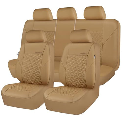 CAR PASS Faux Leather Seat Covers Full Set, Quilting Waterproof Premium Automotive Seat Cover with 5mm Composite Sponge Inside,Airbag Compatible, Universal for Most Cars Sedan SUV Truck, All Beige - color: Full Beige, size: Full Set (Front and Rear)