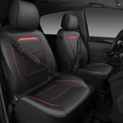 CAR PASS Leather Car Seat Cover Full Set with Steering Wheel Cover and 2PCS Seat Belt Shoulder Pads,for Trucks and SUV with Built-in Seatbelts and Front Seat Side Armrests(Combo Set, Black and Red) - color: Black Red Set