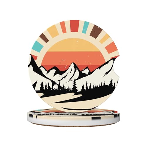 Vintage Mountain Sunset Car Cup Holder Coasters 2 Pack Universal 2.63 Inch Anti Slip Ceramic Absorbent Coaster with Cork Base and Finger Notch Cute Car Accessories Interior for Women - color: Orange
