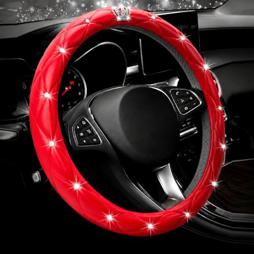 Bling Sparkly Crown Soft Leather Car Steering Wheel Cover for Women Girl,Bling Diamond Crystal Glitter Rhinestones Universal Fit 14.5in-15in Auto Wheel Protector for Suvs,Vans,Sedans,Cars (Crown-Red) - color: Crown-Red