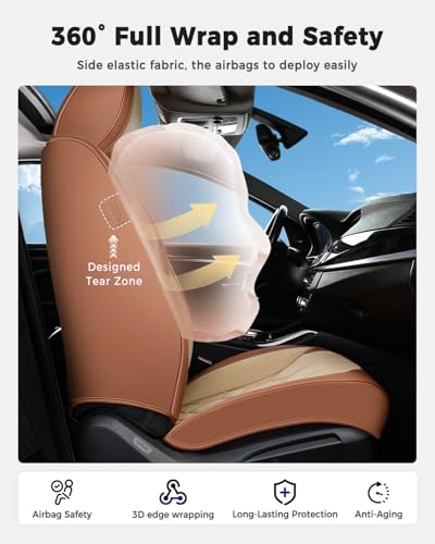 Huidasource Seat Covers Full Set, Universal Fit for Most Cars SUVs Trucks, Full Coverage Leather Seat Cover, Airbag, Cupholder Compatible, Seat Function Retain, Easy Install with Velcro, Brown&Beige - color: FS: Brown&Beige, size: Full Set
