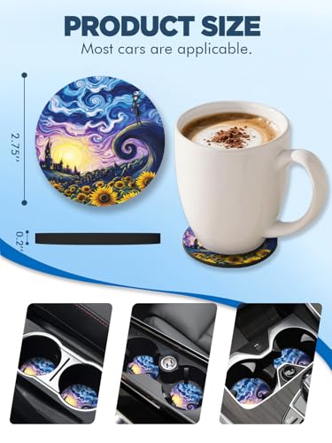 Car Coasters for Cup Holders - 2 Pack 2.75" Universal Rubber Car Cup Coaster, Non-Slip Waterproof Car Interior Accessories, Cute Car Decor Gifts for Women and Men (Sunflower Starry Sky)
