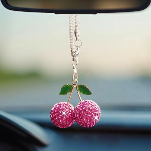 Bling Cherry Car Hanging Ornament, Cute Crystal Rear View Mirror Pendant, Sparkly Diamond Rearview Mirror Charms, Lucky Car Interior Decor Accessories (Purple) - color: Purple Cherry