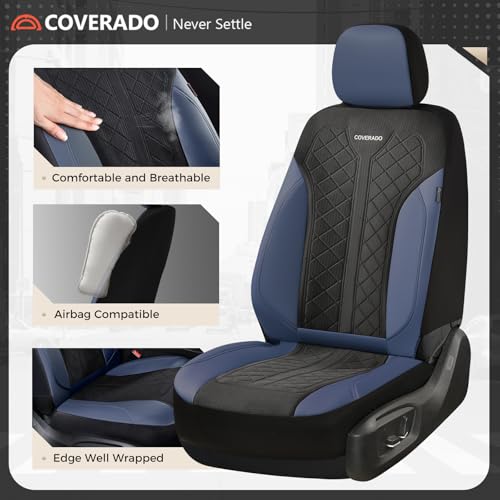 Coverado Car Seat Covers Full Set, Leather Seat Covers, Waterproof Automotive Protectors 5-Seat, Luxury Universal Fit Seat Covers for SUV, Truck, Sedan and Most Vehicles All-Weather - color: Bule&Black