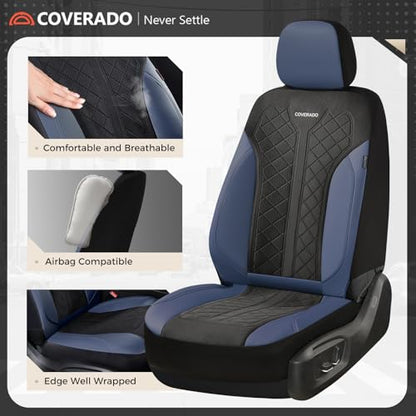 Coverado Car Seat Covers Full Set, Leather Seat Covers, Waterproof Automotive Protectors 5-Seat, Luxury Universal Fit Seat Covers for SUV, Truck, Sedan and Most Vehicles All-Weather - color: Bule&Black