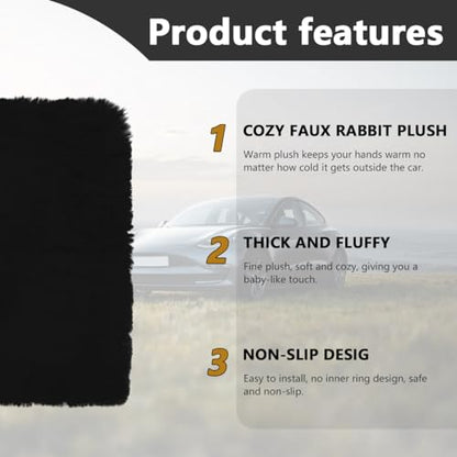 Ohleats 6 PCS Fluffy Steering Wheel Covers Set, 15'' Furry Car Wheel Cover, Soft Gear Shift & Handbrake Cover, Center Console & Seat Belt Shoulder Pads for Women, Car Accessories (Black) - color: Black