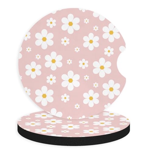 2pcs Cute White Flowers Car Coasters,Absorbent Universal neoprener Cup Holder Coasters with a Finger Notch,Car Accessories for Women&Man Interior，2.75" 3 - color: Cute Flowers 3