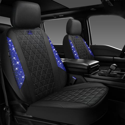 CAR PASS Oxford Bling Diamond Car Seat Covers 2 Front Interior Sets, Waterproof Shining Glitter Sparkly Crystal Universal Armrest Fit 95% Automotive Truck SUV Cute Women Girl, Black Blue Rhinestone - color: Blue, size: Two Front Seats