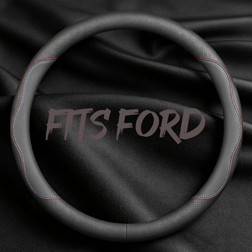Leather Car Steering Wheel Cover, Breathable Laser-Perforated, Red-Blue Dual Lines, Premium Texture, 14.5-15 Inch for Ford - color: Red and blue dual lines, size: For Ford