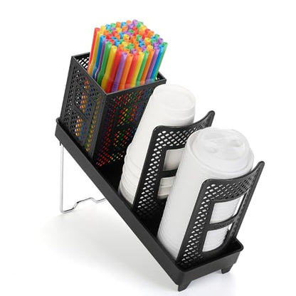 Coffee Cup Dispenser with Straws Holder, Plastic Coffee Cup and Lid Holder, 5-20oz Disposable Paper Cups Organizer for Countertop, Station, Bar, Office, Restaurant, Breakroom(3 Compartments)