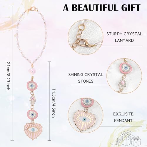 Pink Evil Eye Car Charm - Heart Evileye Rear View Mirror Hanging Ornament for Women, Suncatcher Car Accessory, Aesthetic Beaded Lanyards for Cars Window Balcony Decor - style: Pink Evil Eye