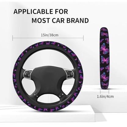 Purple Butterfly Steering Wheel Cover Elastic Non-Slip Car Steering Wheel Covers with Seat Belt Shoulder Pad For Women Men - color: Butterfly