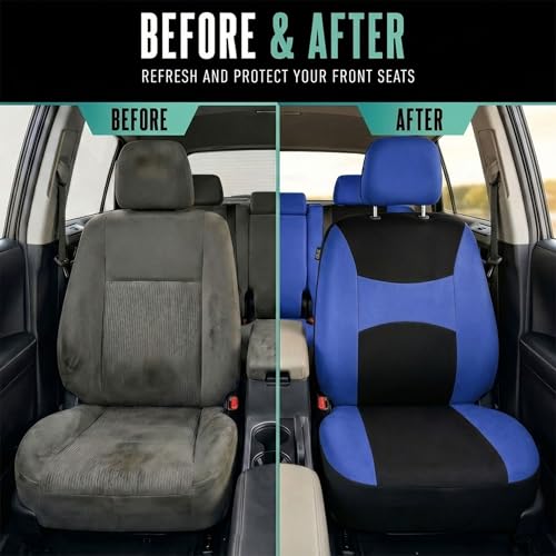 FH Group Full Set Cloth Car Seat Covers , Universal Fit Combo Set with Steering Wheel Cover and Seat Belt Pad for Cars, SUVs and Trucks, Blue - color: Blue/Black