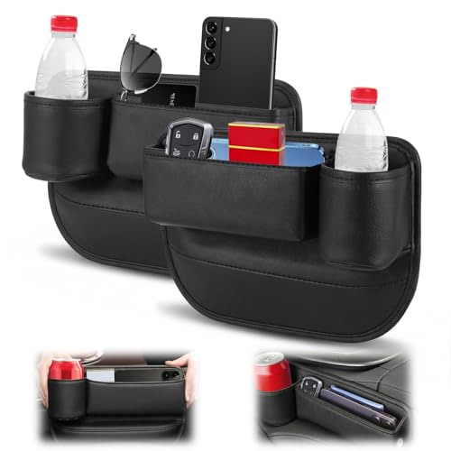 2PCS Car Seat Gap Filler Organizer, Gap Filler with Cup Holder and Storage for Cars, PU Leather Front Seat Side Organizer for Keys Cards Phone Sunglasses and Small Items(Black)
