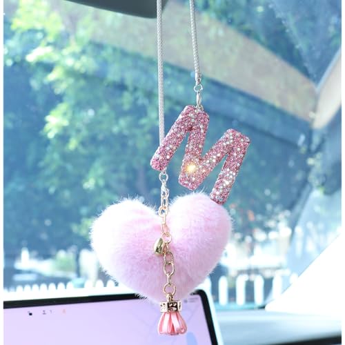 Bling Pink Car Accessories for Women Letter Charm, Rainbow Crystal Rearview Mirror Pendant, Cute Diamond Rhinestone Car Decor, Lucky Gift for Women(M, Pink Tassel Heart) - color: Pink M